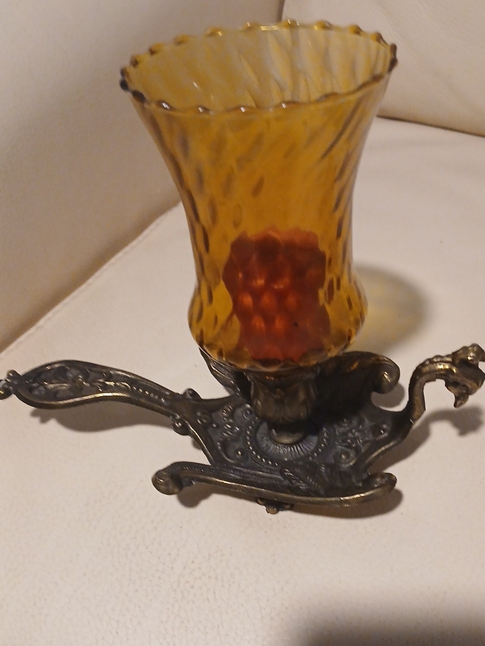 2 Amber Glass Candle Holders with Ornate Brass Bird Base